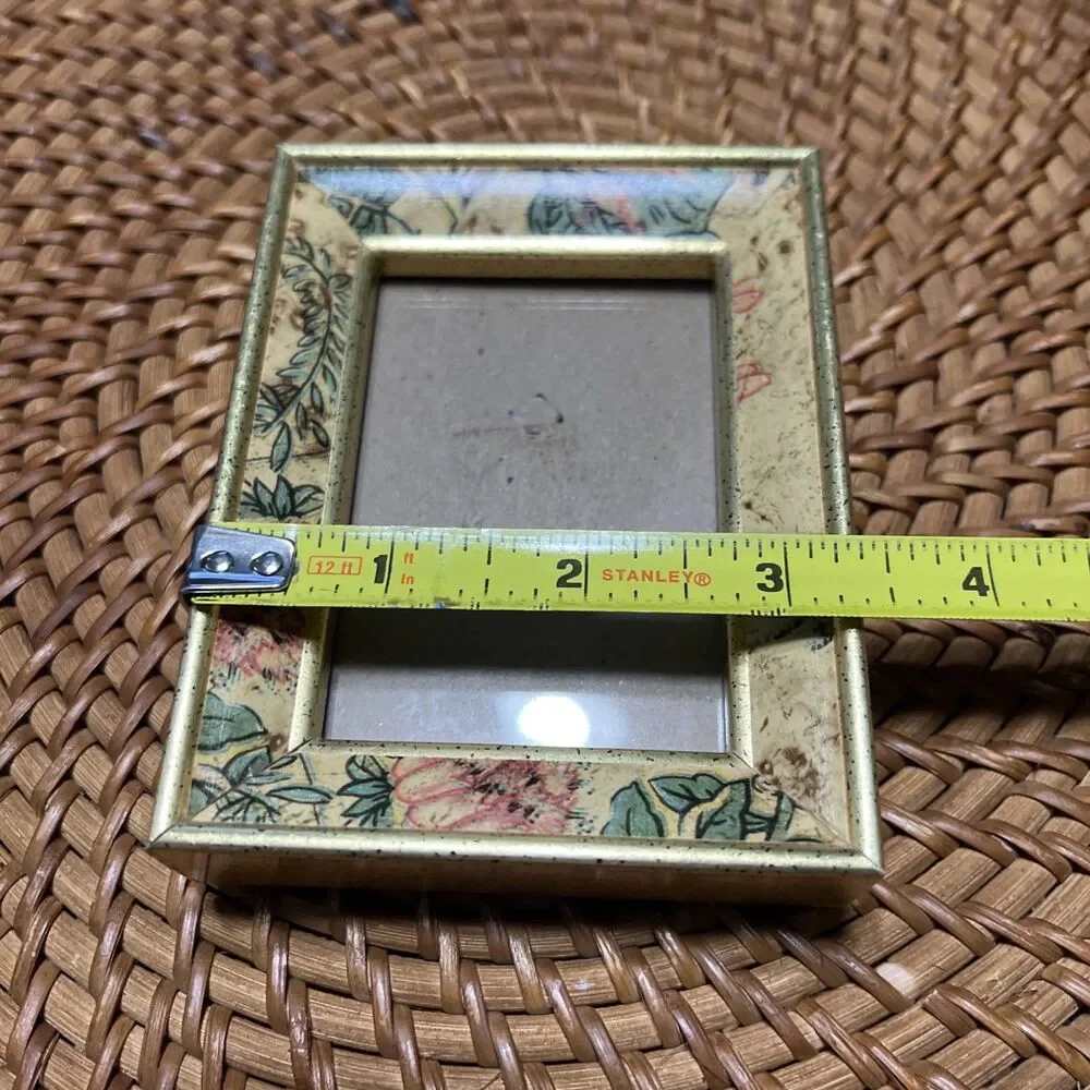 Vintage Gold and Floral Wooden Photo Frame Opening 2x3”